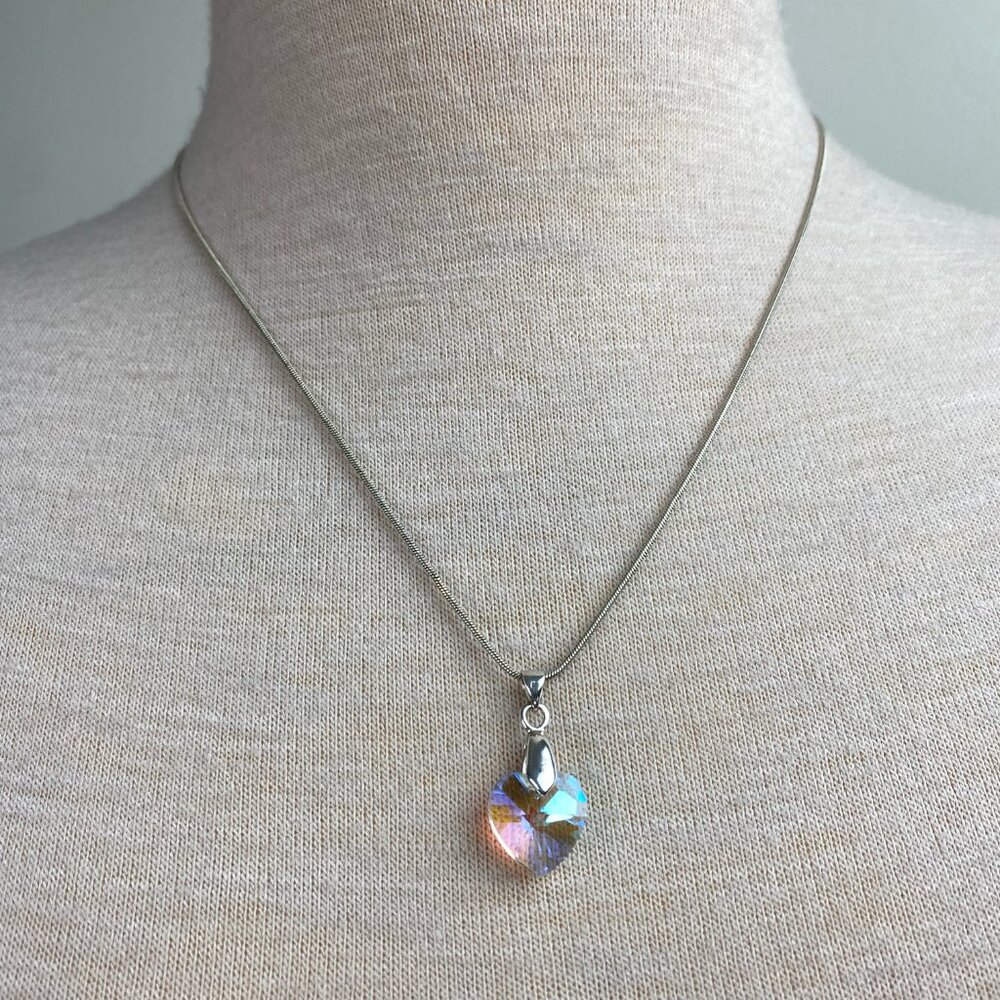 Austrian AB Crystal Heart Pendant Sterling Silver Bail Chain 20"